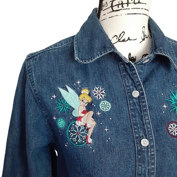 Vintage Disney Tinkerbell Christmas Embroidered Chambray Shirt Denim Button Up M - Picture 3 of 9